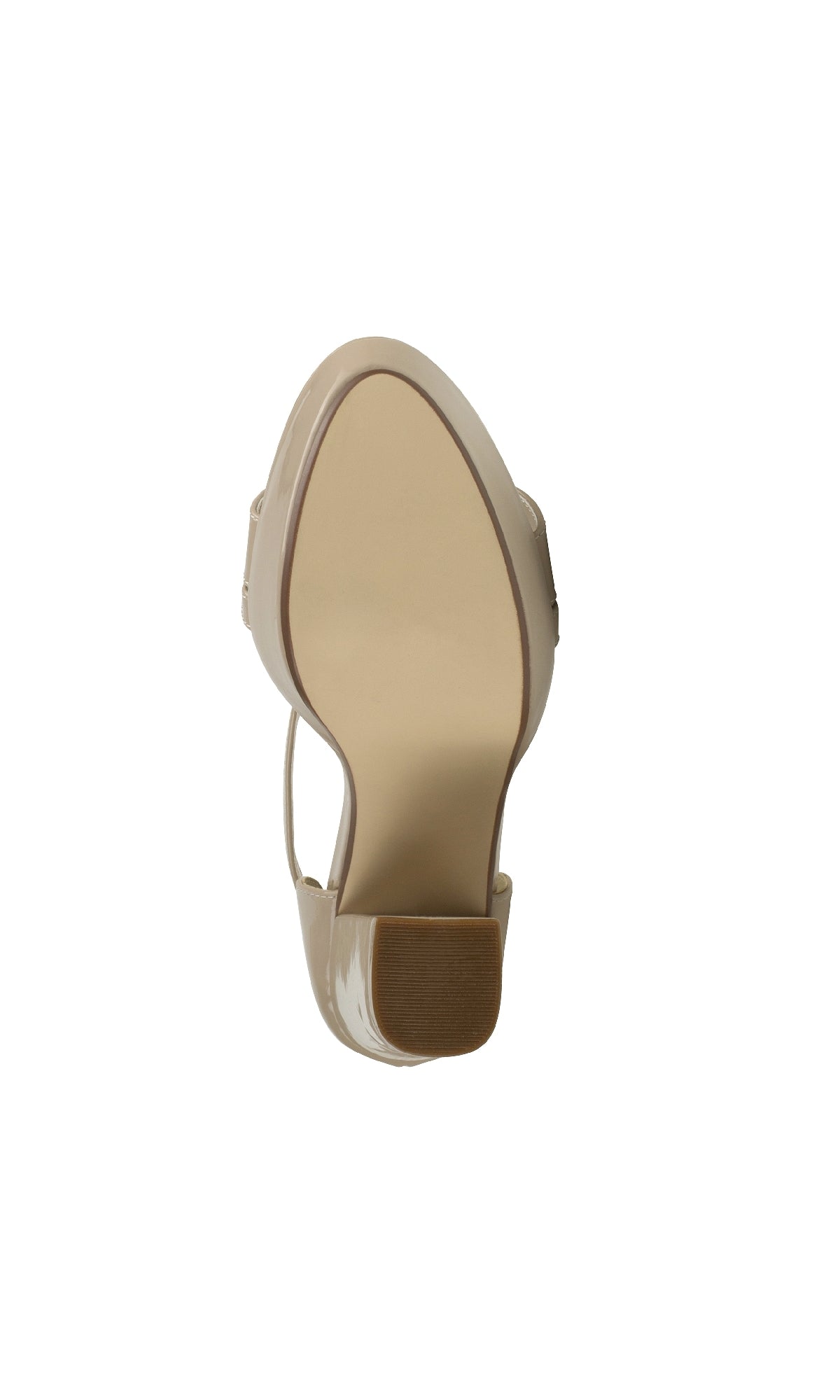 The image shows the sole of a beige high-heeled shoe with a closed heel and smooth outsole, perfect for pairing with the Chloe Nude Shimmer Prom Shoes: Touch Ups 4646.